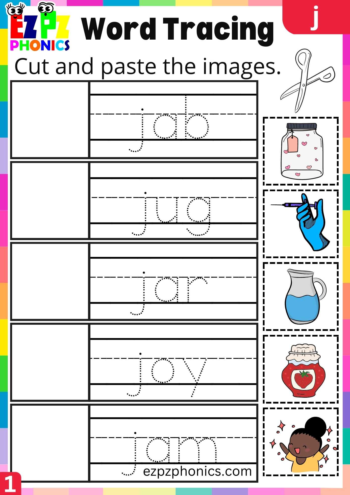 Letter J Word Tracing Beginning Sounds Worksheet
